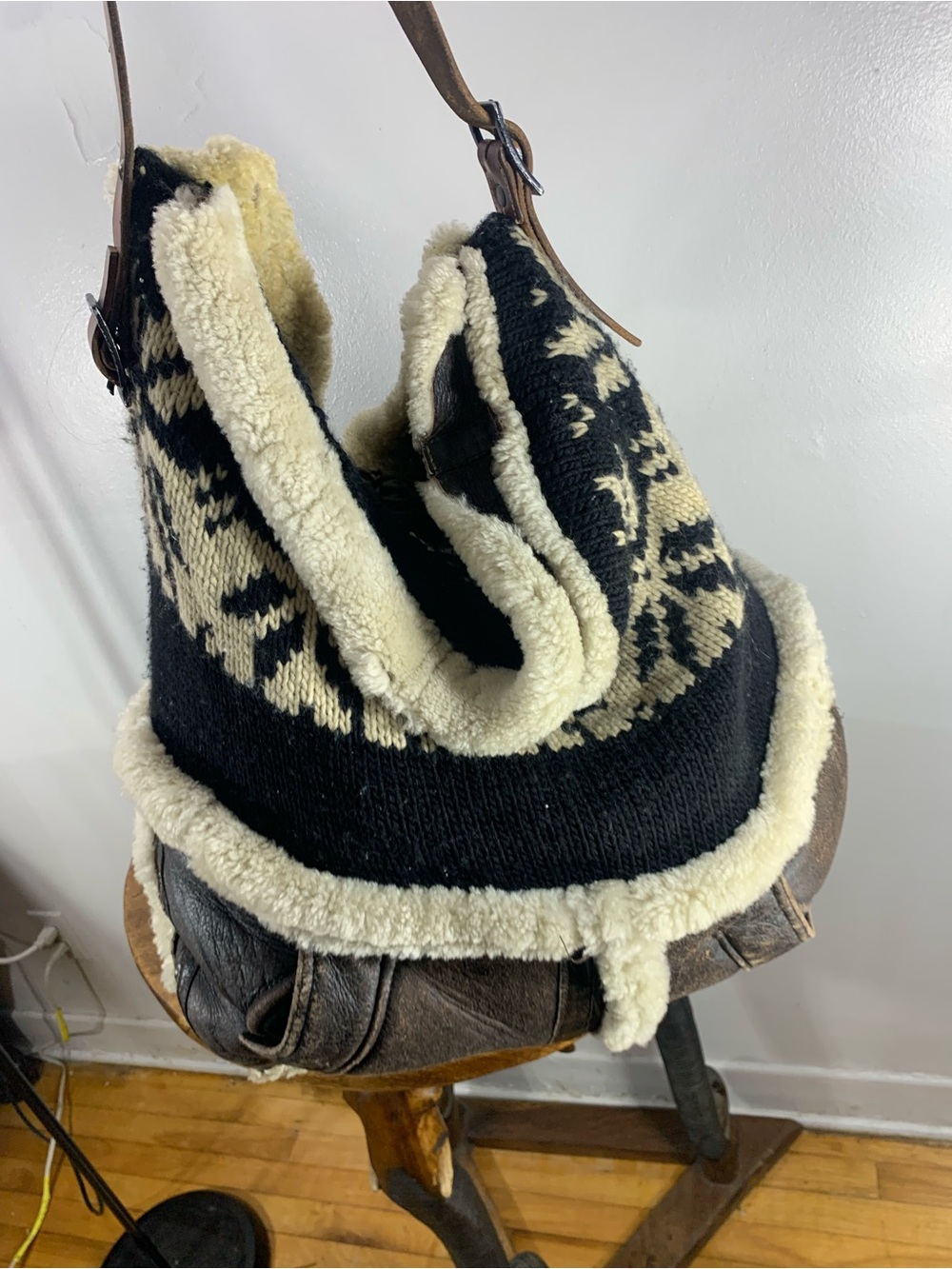 Vintage Boho leather And wool shearling shoulder bag black And cream